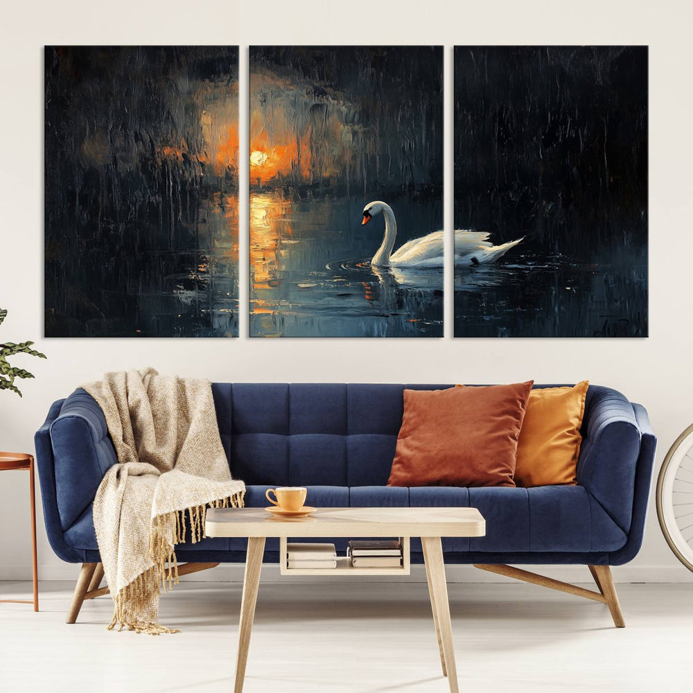 The Abstract Swan on Water Canvas Print depicts a swan on a dark lake in an elegant, modern style.