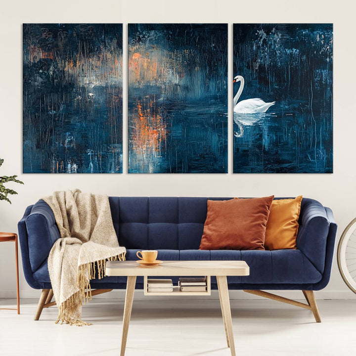 Abstract Swan Wall Art | Moody Blue and Orange Swan Painting on Canvas | Framed and Ready to Hang | Elegant and Modern Art for Living Room or Bedroom Decor