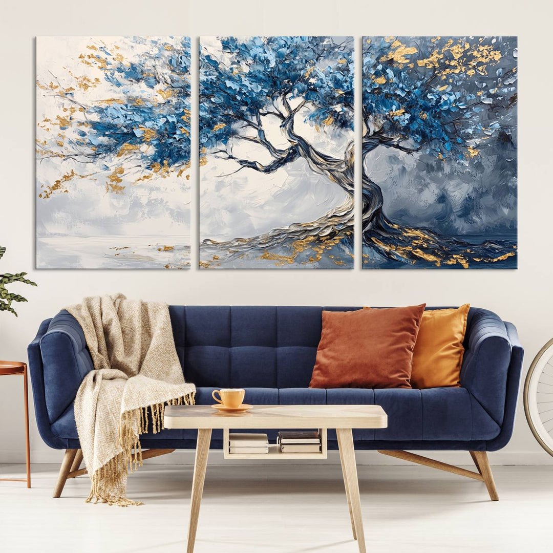 Elegant Abstract Tree Canvas Wall Art | Tree of Life Painting | Textured Art in Blue and Gold | Framed & Ready to Hang for Modern Living Room Decor