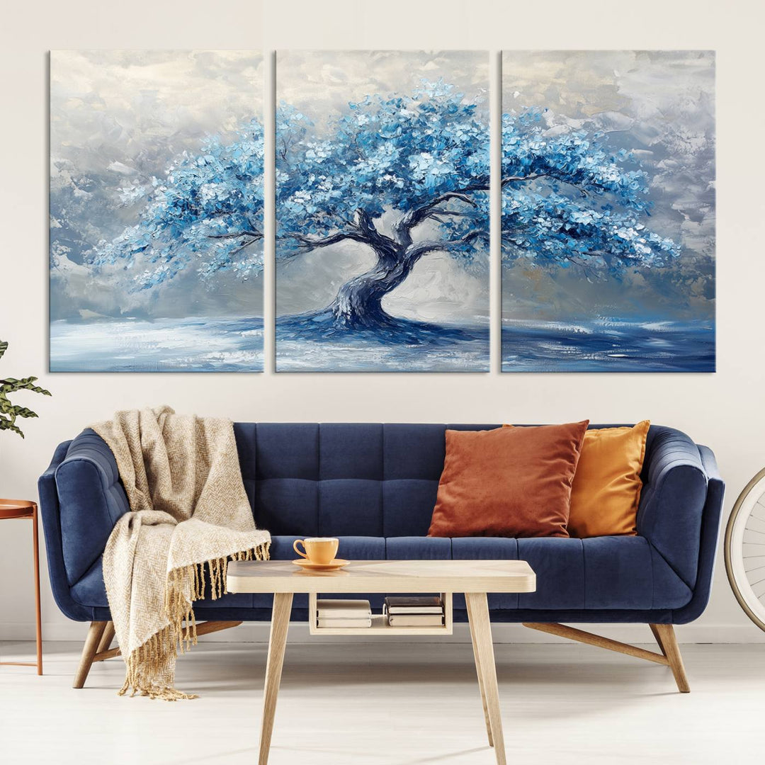 Serene Abstract Blue Tree Wall Art | Canvas Print of a Majestic Tree in Blue Hues | Perfect for Farmhouse, Coastal, and Modern Decor