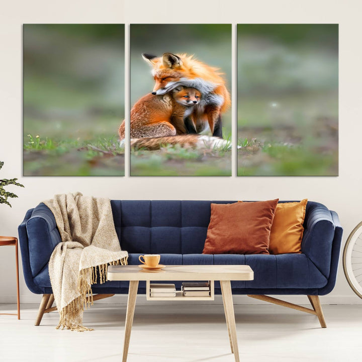 Heartwarming Fox and Baby Cub Wall Art | Ready to Hang Canvas Print of Foxes in Nature | Perfect for Animal Lovers, Rustic Decor, and Cabin Wall Art