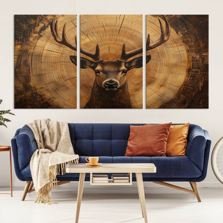 Deer Wall Art Canvas Print | Ready to Hang Canvas Print of a Stag with Rustic Tree Rings | Perfect for Farmhouse Wall Decor, Cabin Wall Art