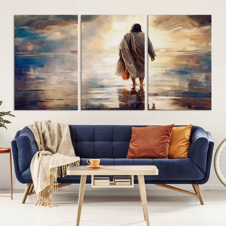 Jesus Walking on Water Wall Art | Ready to Hang Spiritual Triptych Canvas Print | Inspirational Christian Decor for Home or Church