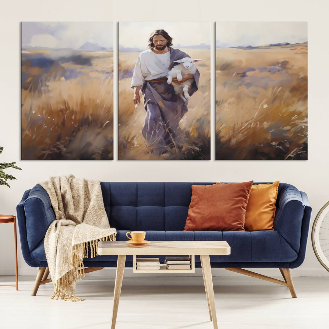 Jesus the Good Shepherd Wall Art Canvas Print - Lost Lamb  Print for Prayer Room Decor