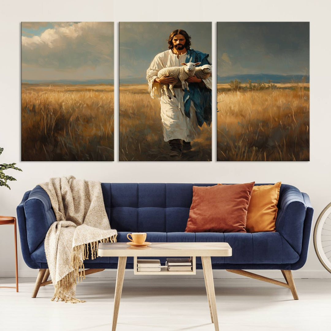 Jesus Shepherd Wall Art | Ready to Hang Triptych Canvas of Jesus Holding a Lamb in a Field | Inspirational Christian Decor for Home