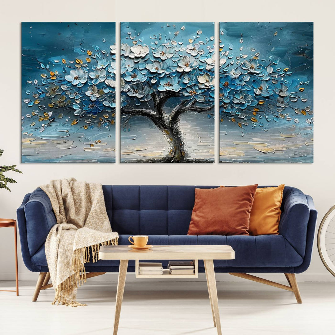 Abstract Blooming Tree Wall Art Print features blue, white, and gold textures on museum-quality canvas, perfect for modern decor.