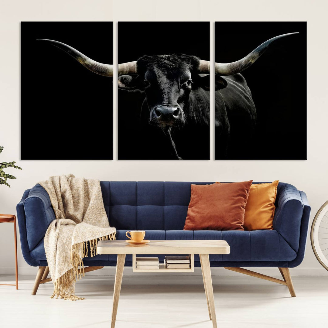 Texas Black Longhorn Bull Wall Art Canvas Print - Western Texas Cattle Rustic Decor Print - Longhorn Cow Wall Art