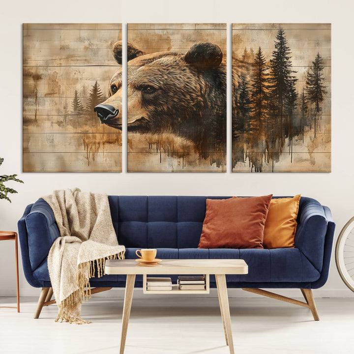 Abstract Rustic Grizzly Bear Wall Art Canvas Print - Woodland Wildlife Forest Print for Farmhouse Decor