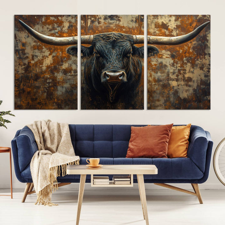 Abstract Longhorn Texas Bull Wall Art | Rustic Farmhouse Canvas Print | Ready to Hang Barn Decor for Farmhouse and Cabin Style