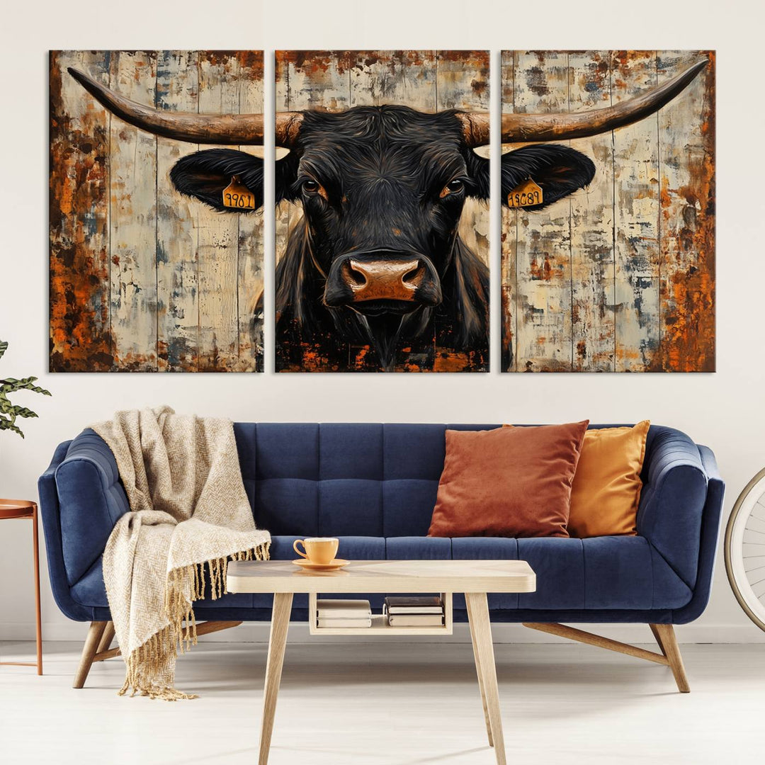 Abstract Cow Longhorn Bull Wall Art Canvas Print - Rustic Texas Western Cattle Artwork