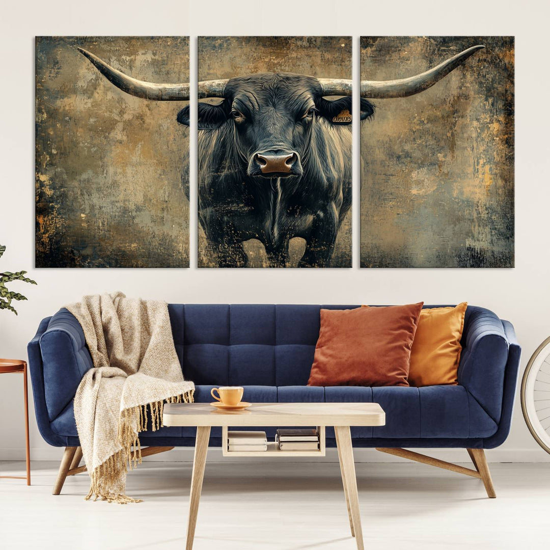 Abstract Cow Longhorn Bull Wall Art Canvas Print - Rustic Texas Western Cattle Artwork