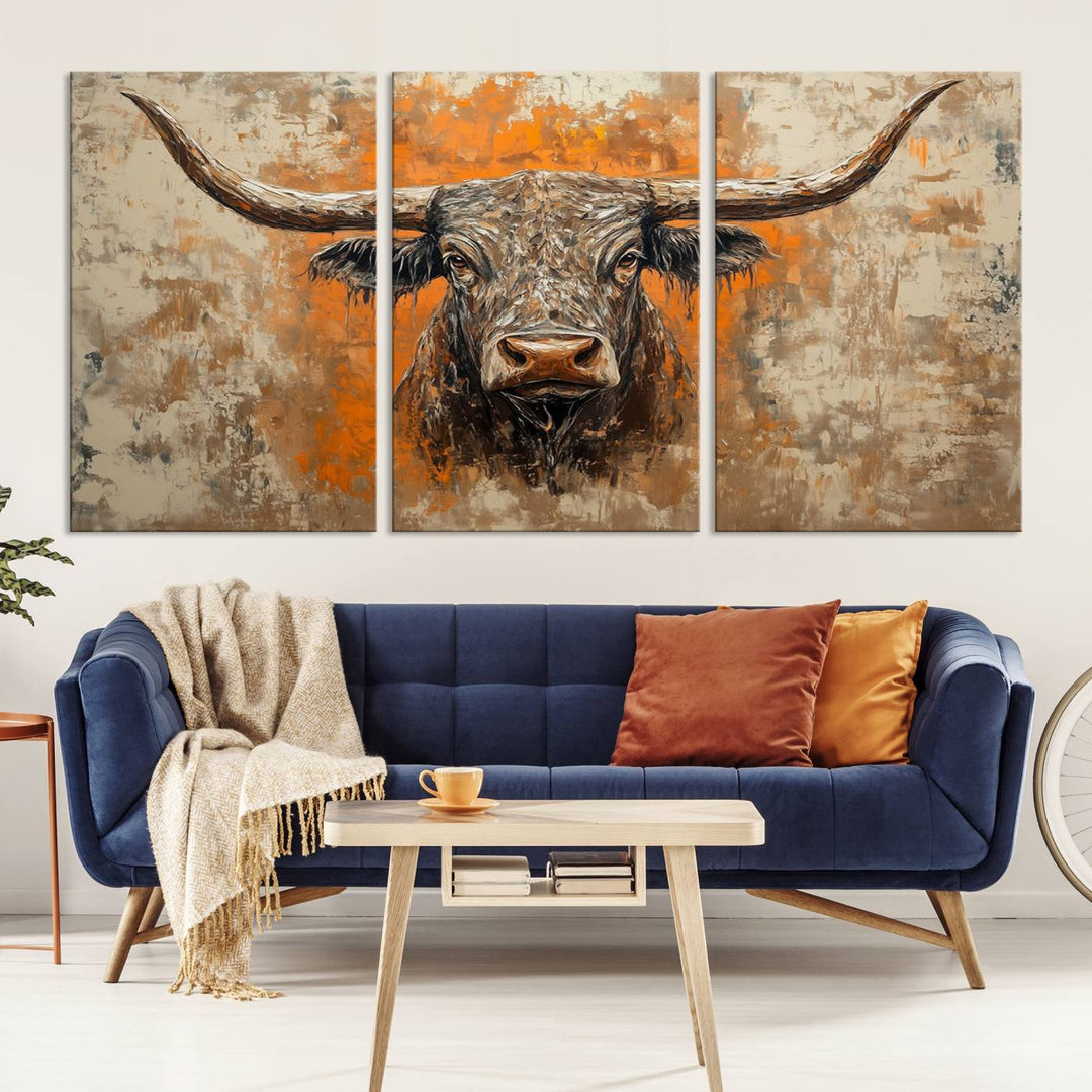 Abstract Cow Longhorn Bull Wall Art Canvas Print - Rustic Texas Western Cattle Artwork