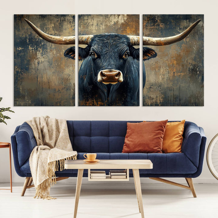 Abstract Cow Longhorn Bull Wall Art Canvas Print - Rustic Texas Western Cattle Artwork