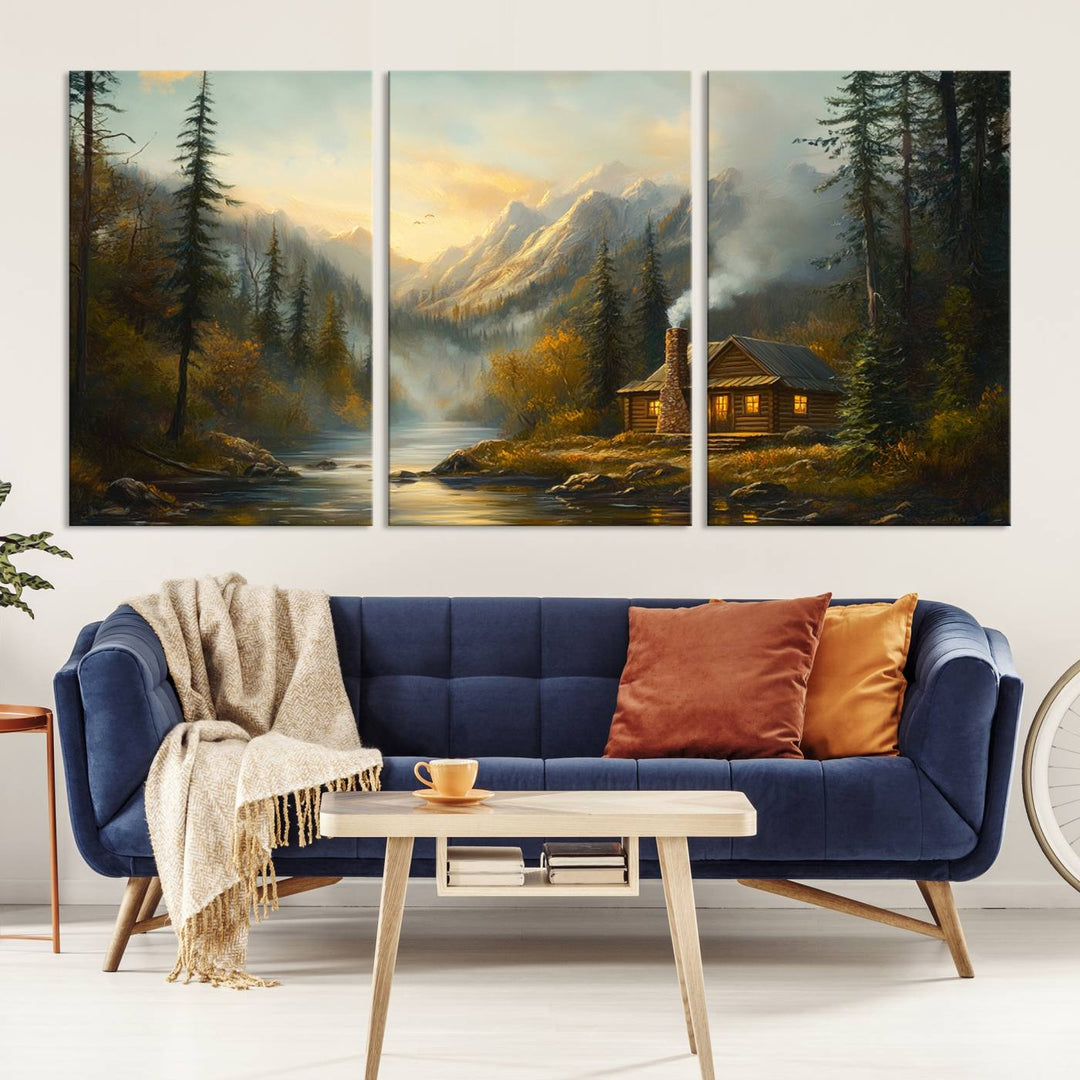 Wood Cabin Retreat Mountain at Sunset Wall Art Print - Serene Forest and River Landscape Wall Art Canvas Print