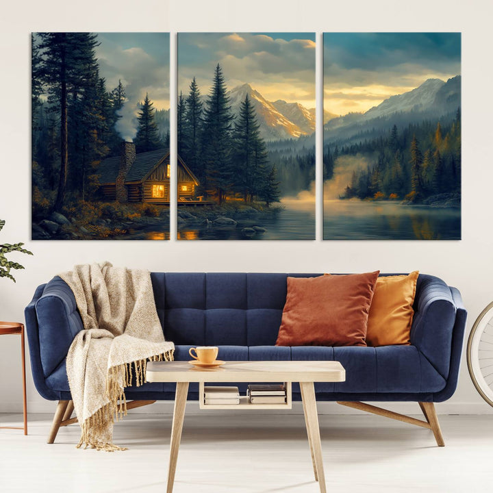 Mountain Cabin by the Lake at Sunset Wall Art - Serene Nature Canvas Print for Living Room Decor, Rustic Lodge Ambiance, 3-Panel Large Wall Art