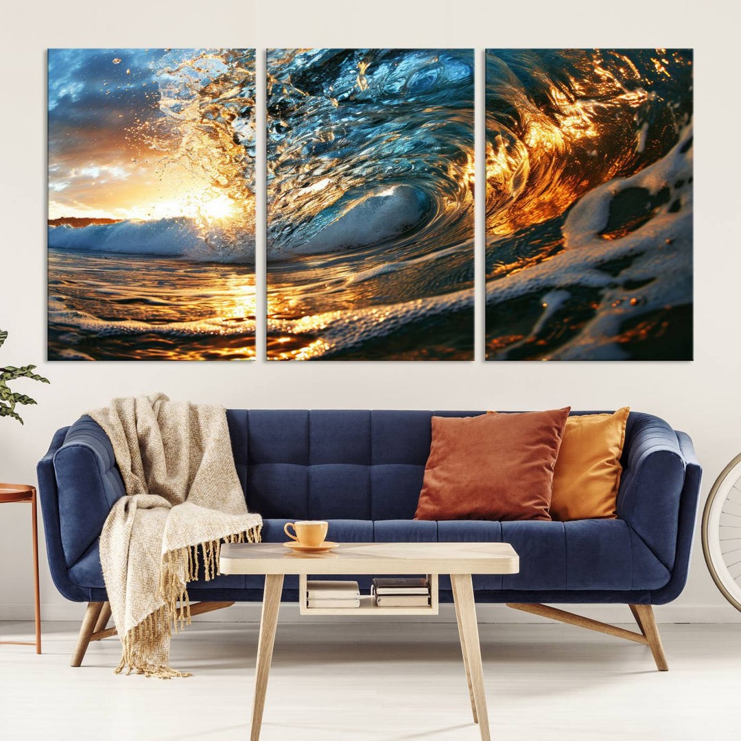 Ocean Wave at Sunset Wall Art | Ready to Hang Triptych Canvas Print | Coastal Wall Art for Living Room | Nautical and Beach House Decor