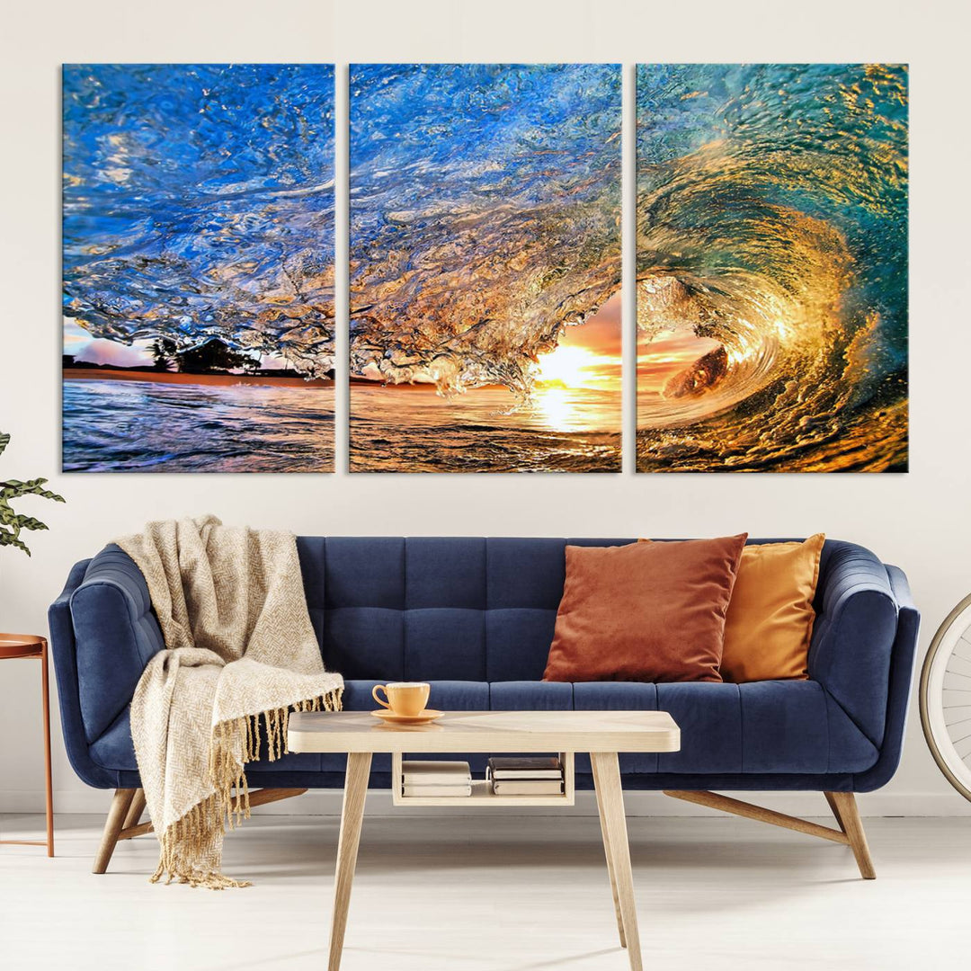 Ocean Wave at Sunset Canvas Print | Large Coastal Ocean Wall Art Print | Vibrant Beach Waves Art Print | Surf Lover Gift | Nautical Decor