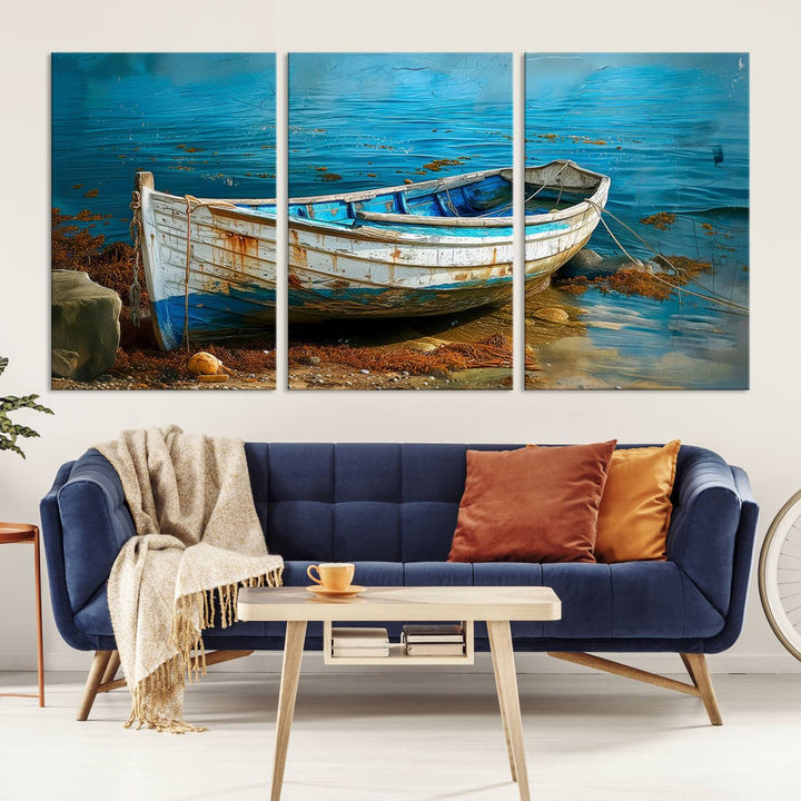 Vintage Boat on Tranquil Waters | Coastal Wall Art for Nautical Decor | Rustic Triptych Canvas Print | Beach House Art for Coastal Home Decor