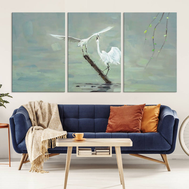 Elegant White Herons on Calm Waters | Coastal Wall Art for Nature-Inspired Decor | Serene Triptych Canvas Print | Ready to Hang Bird-Themed Art for Home Decor