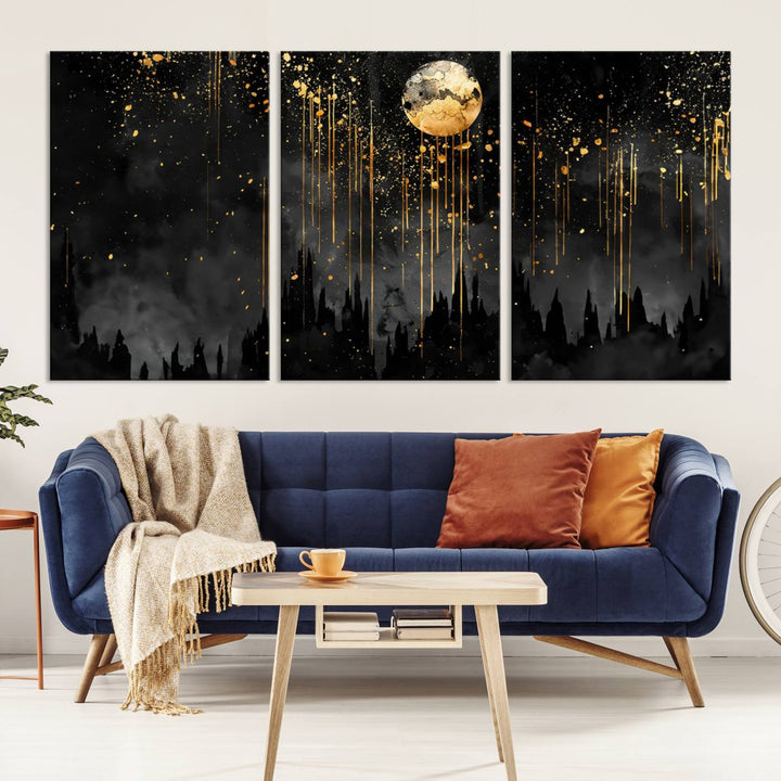 Gold Moon and Black Skyline Abstract Wall Art | Dark Modern Canvas Print with Dripping Gold Accents | Triptych Contemporary Homes