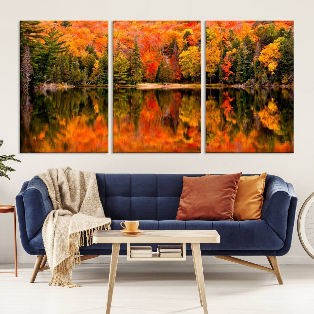 Autumn Forest Reflection Wall Art | Triptych Canvas Print | Vibrant Fall Foliage Wall Decor | Nature-Inspired Cabin Wall Art for Living Room