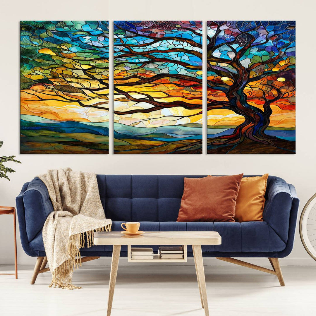 Vibrant Mosaic Tree of Life Wall Art | Stained Glass Style Canvas Print | Ready to Hang Artistic Decor