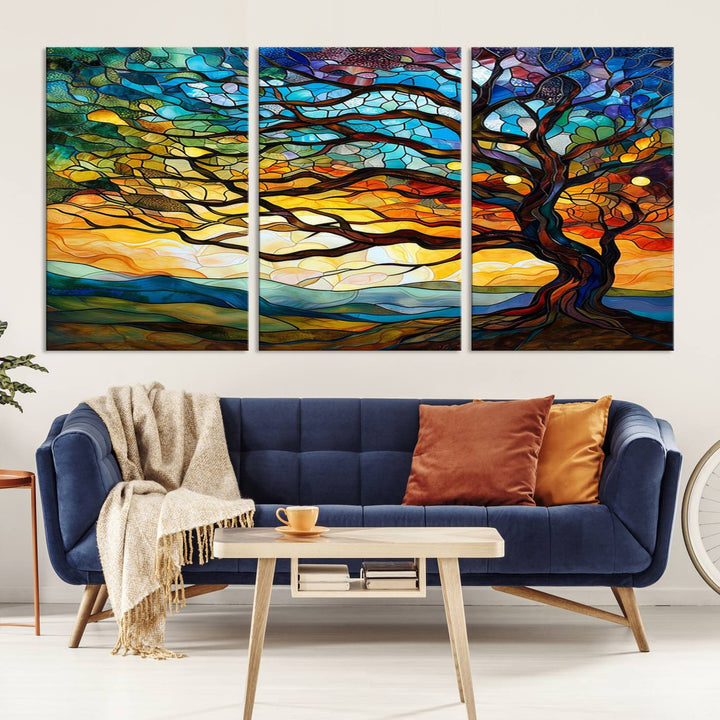 Vibrant Mosaic Tree of Life Wall Art | Stained Glass Style Canvas Print | Ready to Hang Artistic Decor