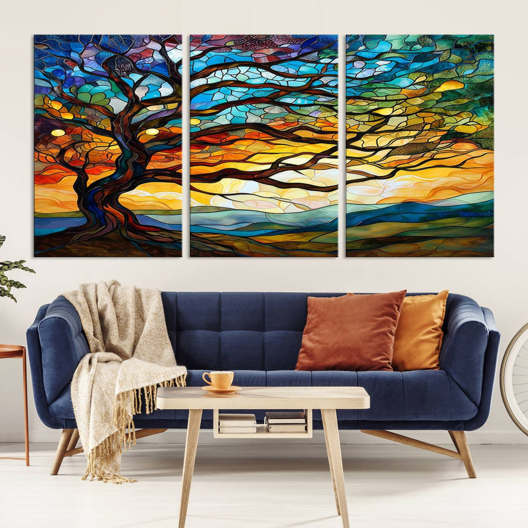 Mosaic Tree Wall Art | Ready to Hang Stained Glass Style Canvas Print | Farmhouse Wall Decor, Cabin Wall Art, and Unique Nature Home Decor