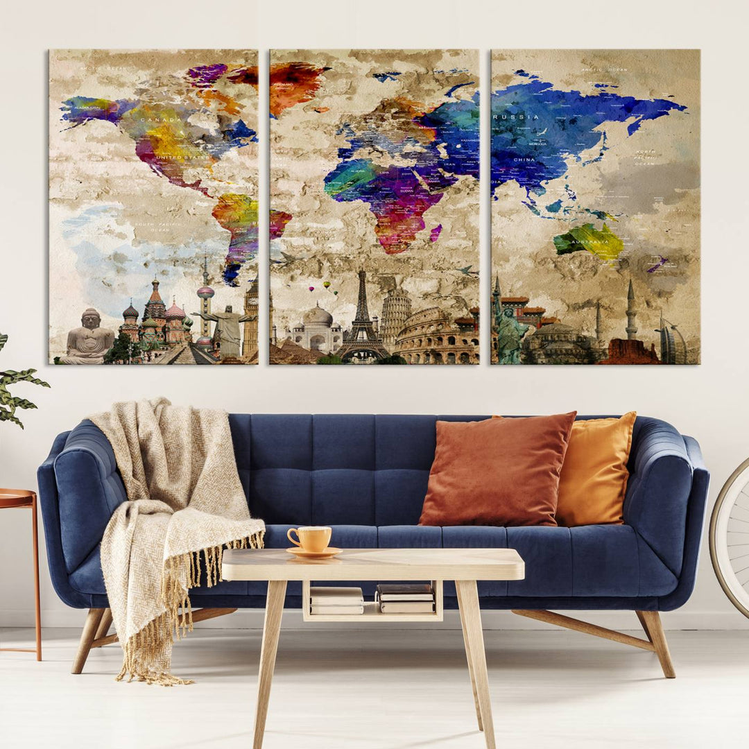 Framed World Map Canvas Print with Landmarks | Multi-Panel Wall Art | Ready to Hang Decor for Living Room, Office | Global Travel Wall Art | Vibrant Landmark Design