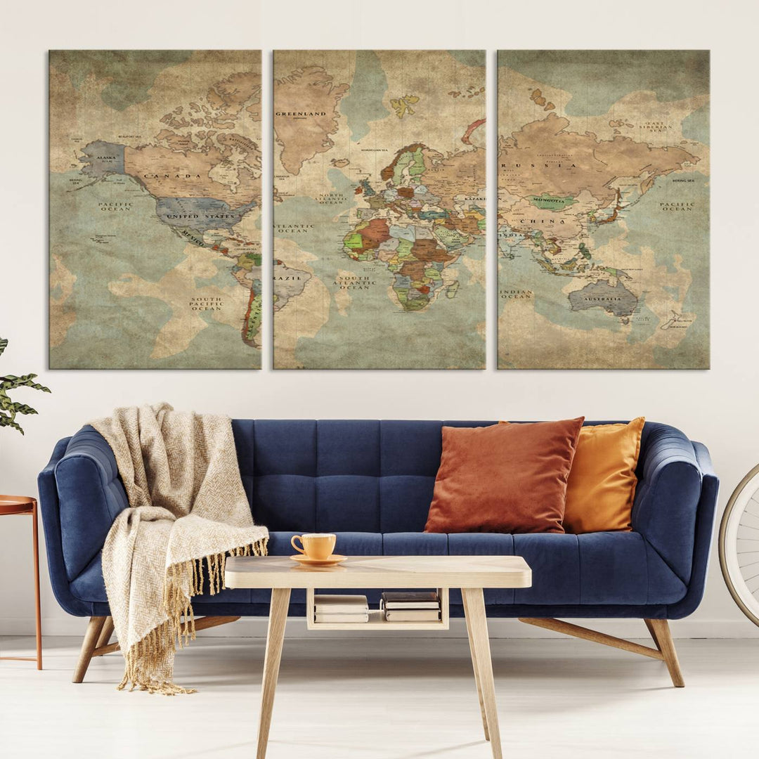 Vintage World Map Canvas Wall Art – Antique Triptych Map Print – Rustic Global Decor for Living Room or Office – Ready to Hang