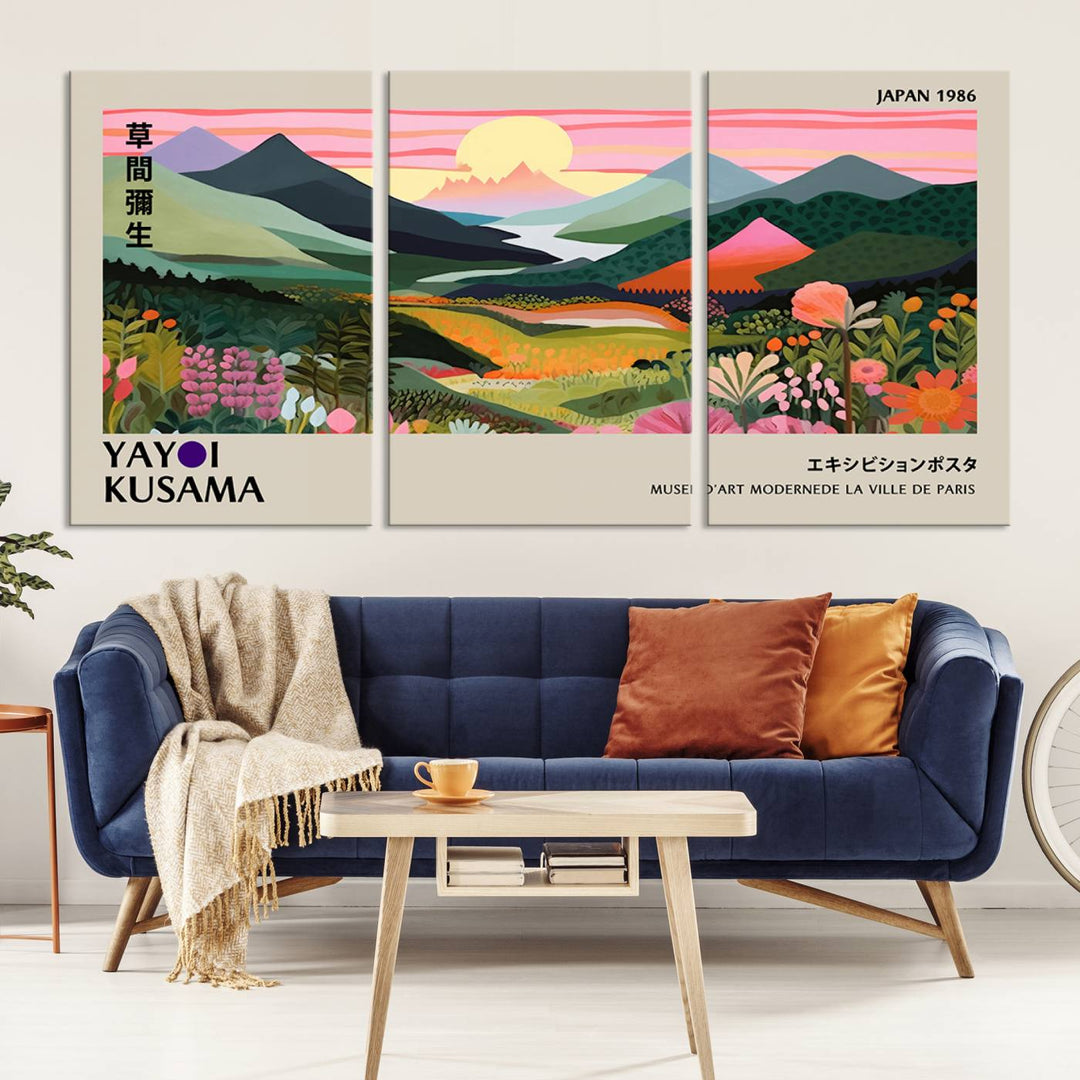 Vibrant abstract landscape canvas with mountains and fields, titled Yayoi Kusama 1986 Wall Art Print.