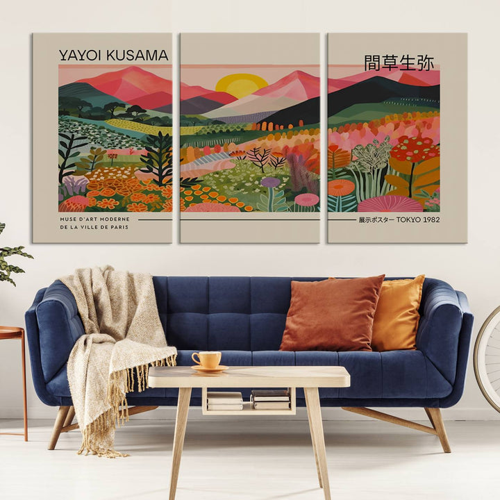 A vibrant abstract triptych features mountains, a sun, and plants in Yayoi Kusamas style with Japanese and French text included.