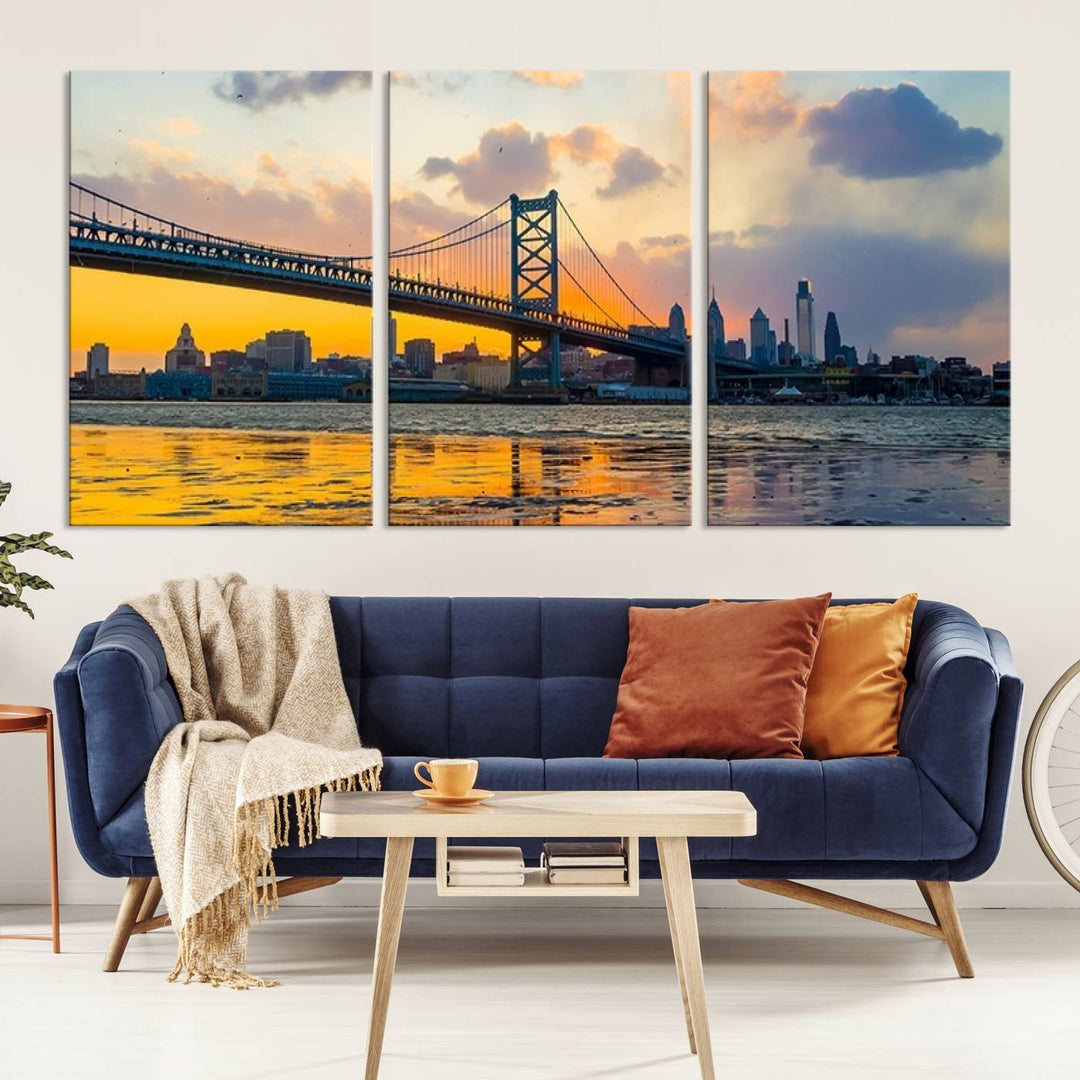 Ben Franklin Bridge Wall Art Print – Philadelphia Skyline Sunset Canvas Wall Art Canvas Print – Giclee City for Dining Room, Office or Living Room