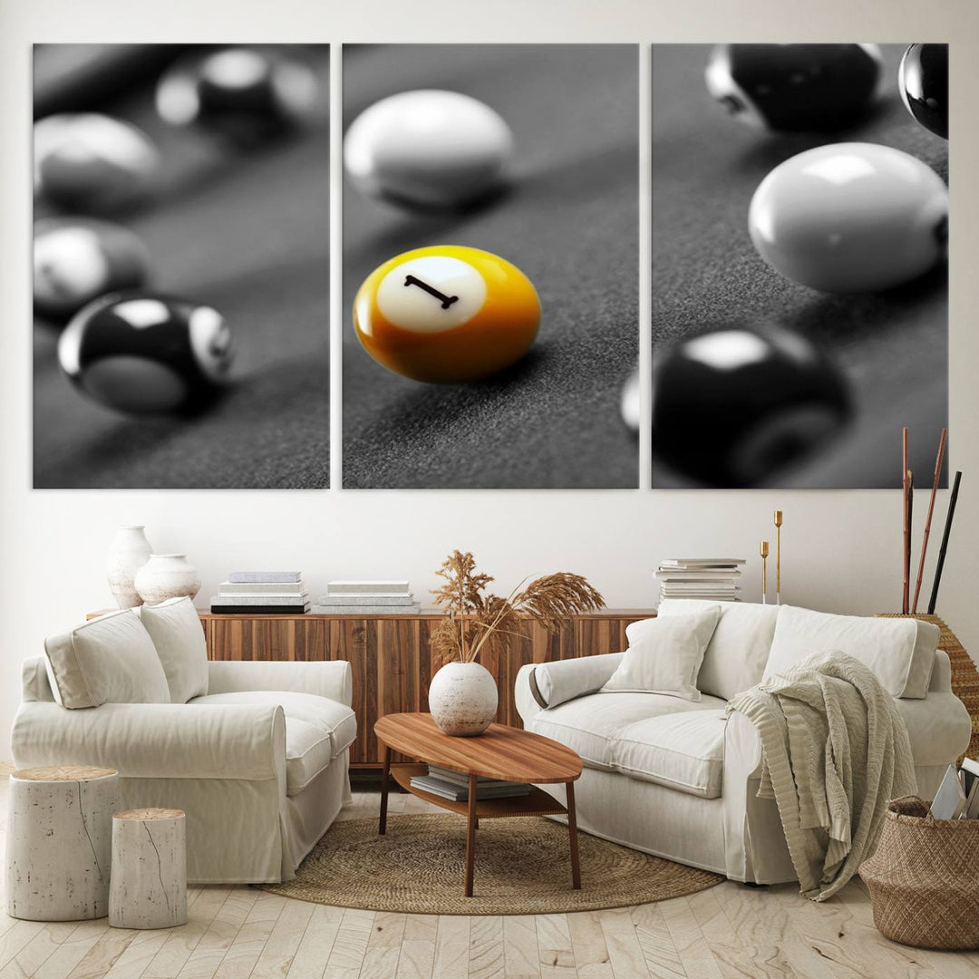 The Black and White Concept Billiard Balls Canvas Print elevates the space with museum-quality charm.