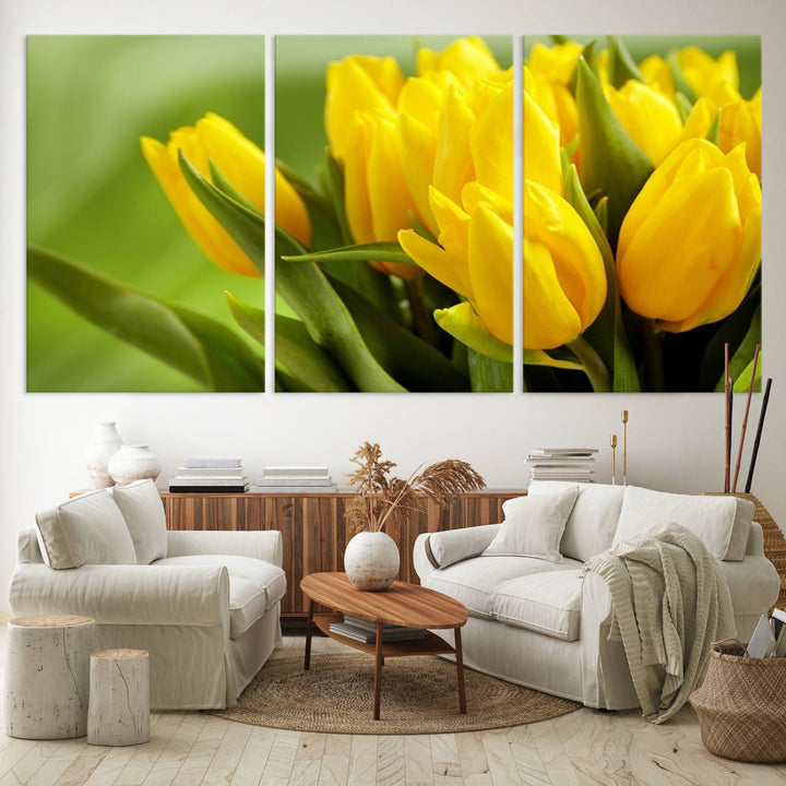 The Wall Art Yellow Tulips Canvas Print on a green background is featured.