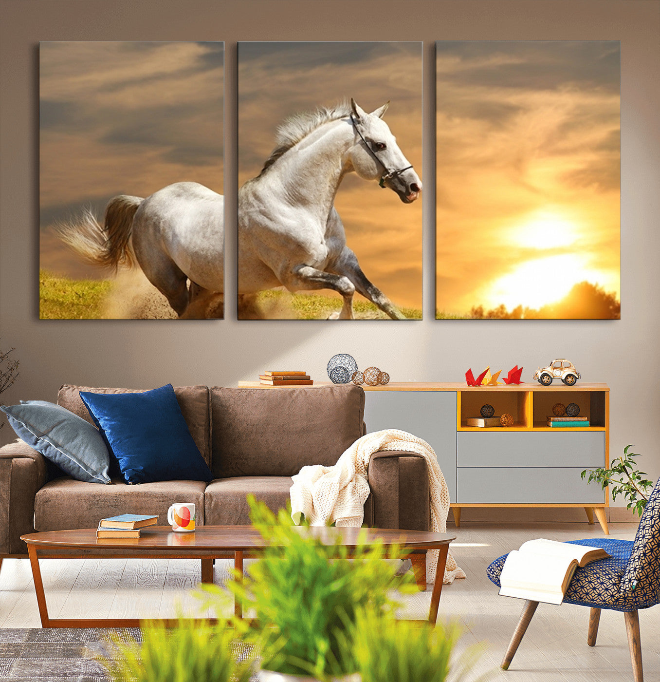 MGV-CV-60X30-3P - Large Wall Art Galloping White Horse at Sunset Canvas Print