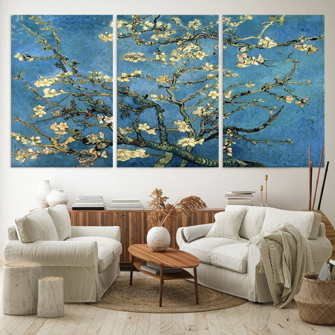 A Van Goghs Almond Blossom canvas print adds a touch of elegance to the wall.