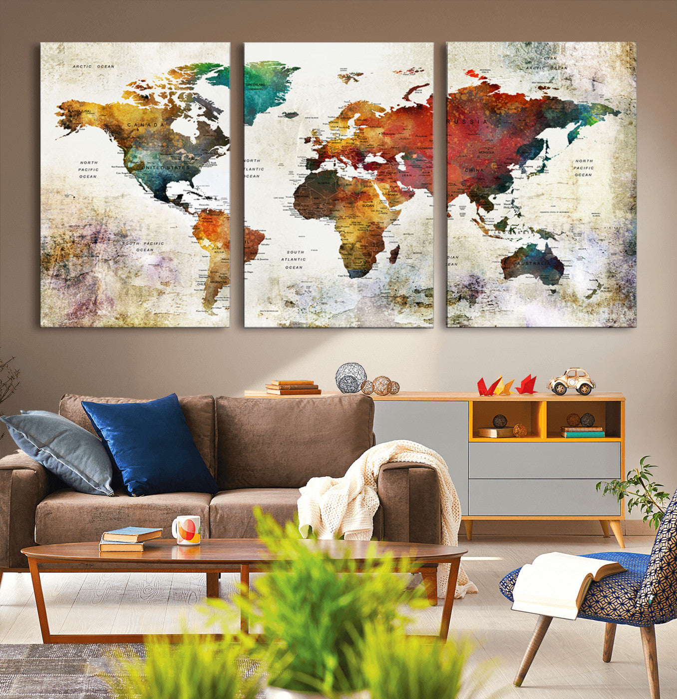 92207-MGV-CV-36X24-Watercolor World Map Canvas Print – Framed Push Pin Wall Art for Couples, Artistic Travel Map for Modern Home and Office Decor