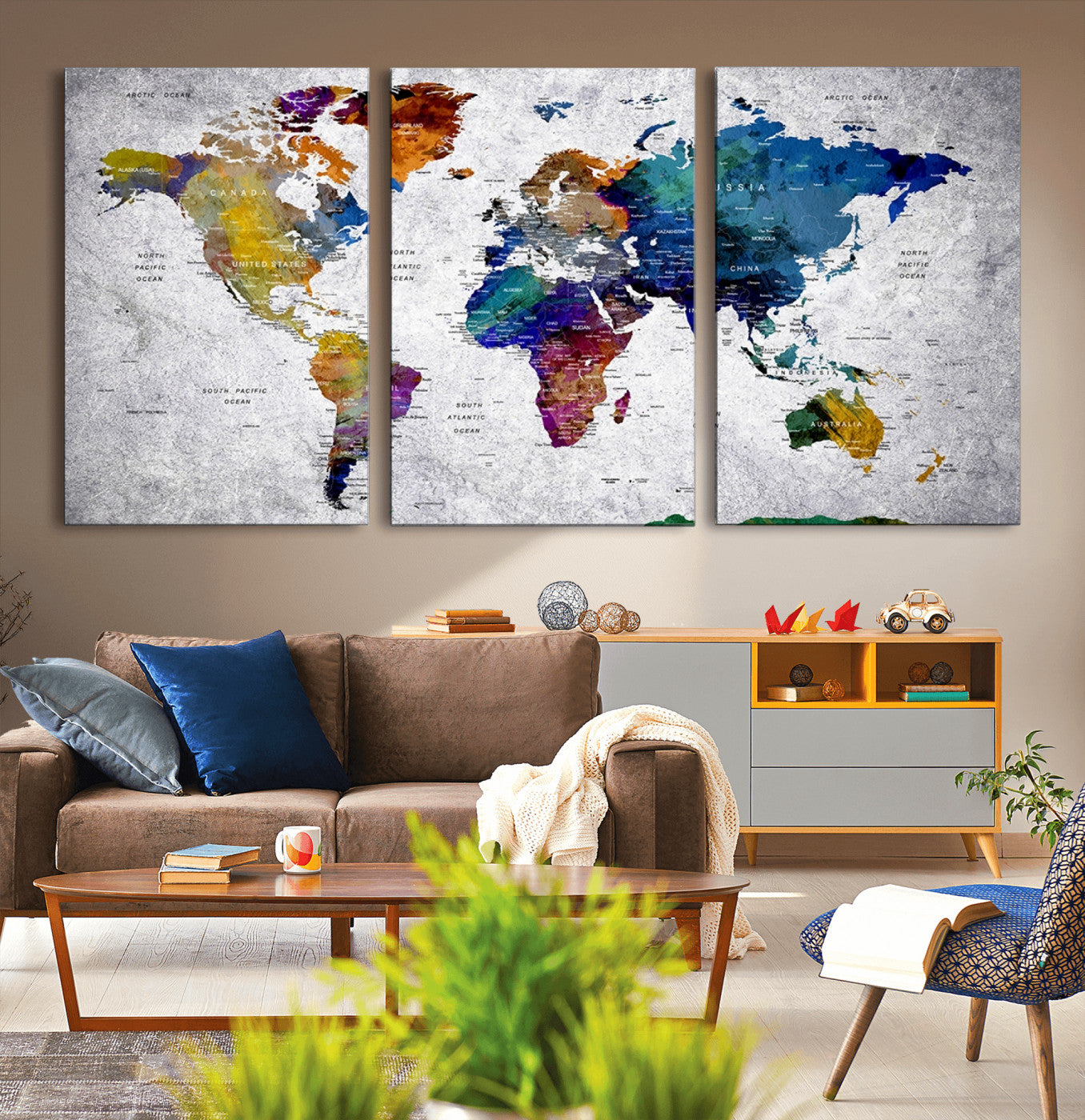 MGV-CV-60X30-3P - Push Pin World Map Canvas Print – Framed Wall Art for Couples to Track Their Travels – Anniversary