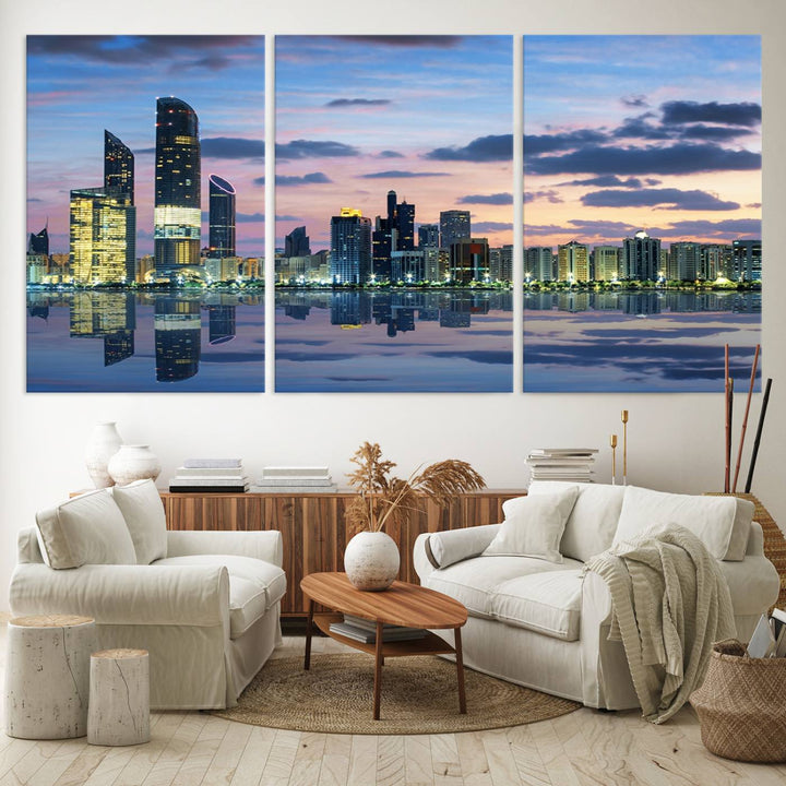 A gallery-quality wall art canvas print captures the Dubai city skyline with skyscrapers reflected in water at sunset.