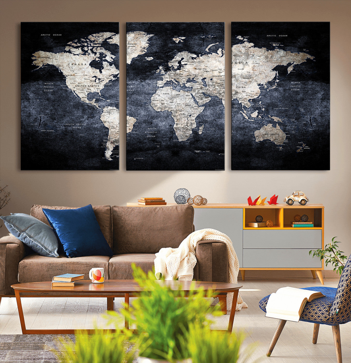 82598-MGV-CV-36X24-Modern Dark World Map Canvas Print – Framed Push Pin Wall Art, Elegant Travel Map Decoration for Home Office or Living Room Decor