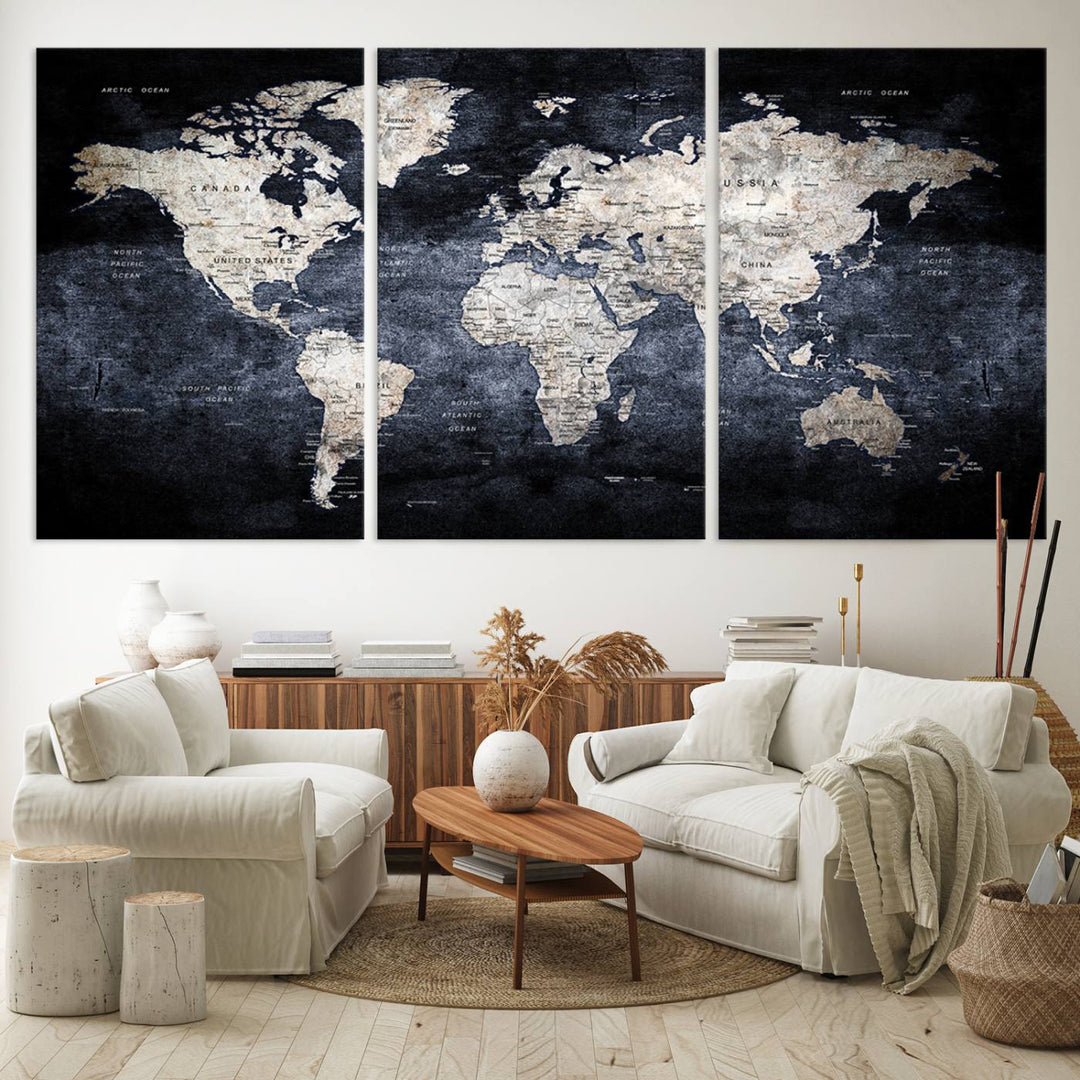 Rustic Black and Bronze World Map Canvas Triptych features white continents on a grunge-stained background.