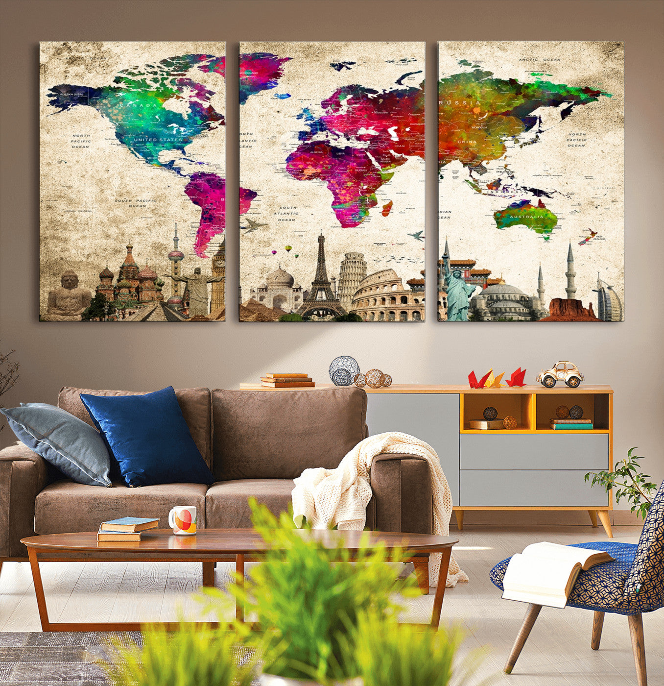 MGV-CV-60X30-3P - Push Pin World Map Canvas Print – Framed Wall Art for Couples to Track Their Travels – Anniversary
