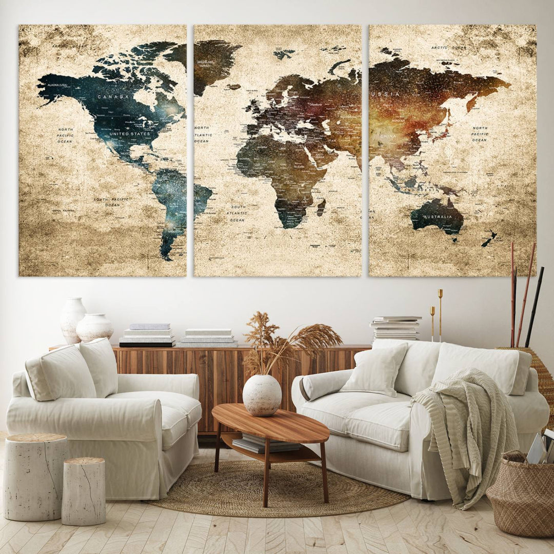 Vintage World Map Canvas Wall Art, perfect for antique-style decor, displayed against a light wood wall.