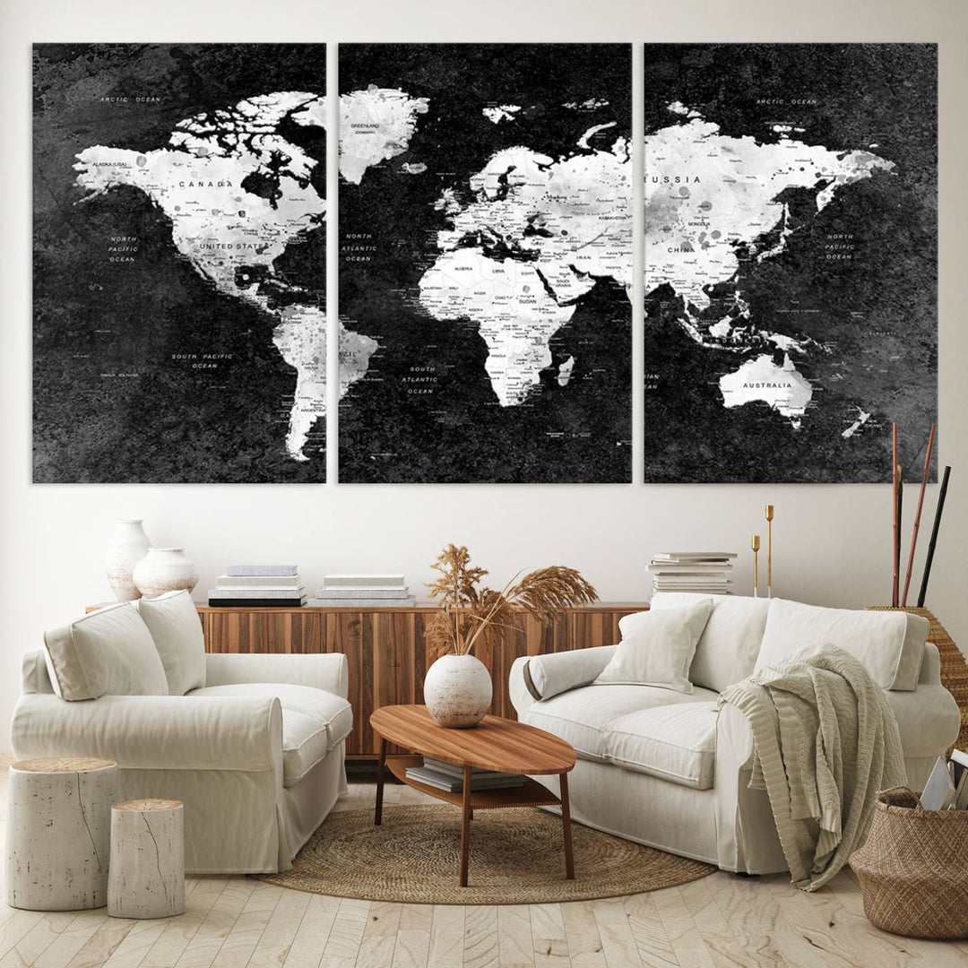 The dining room features a Modern Grayscale World Map 3-Panel Canvas Art as its focal point.