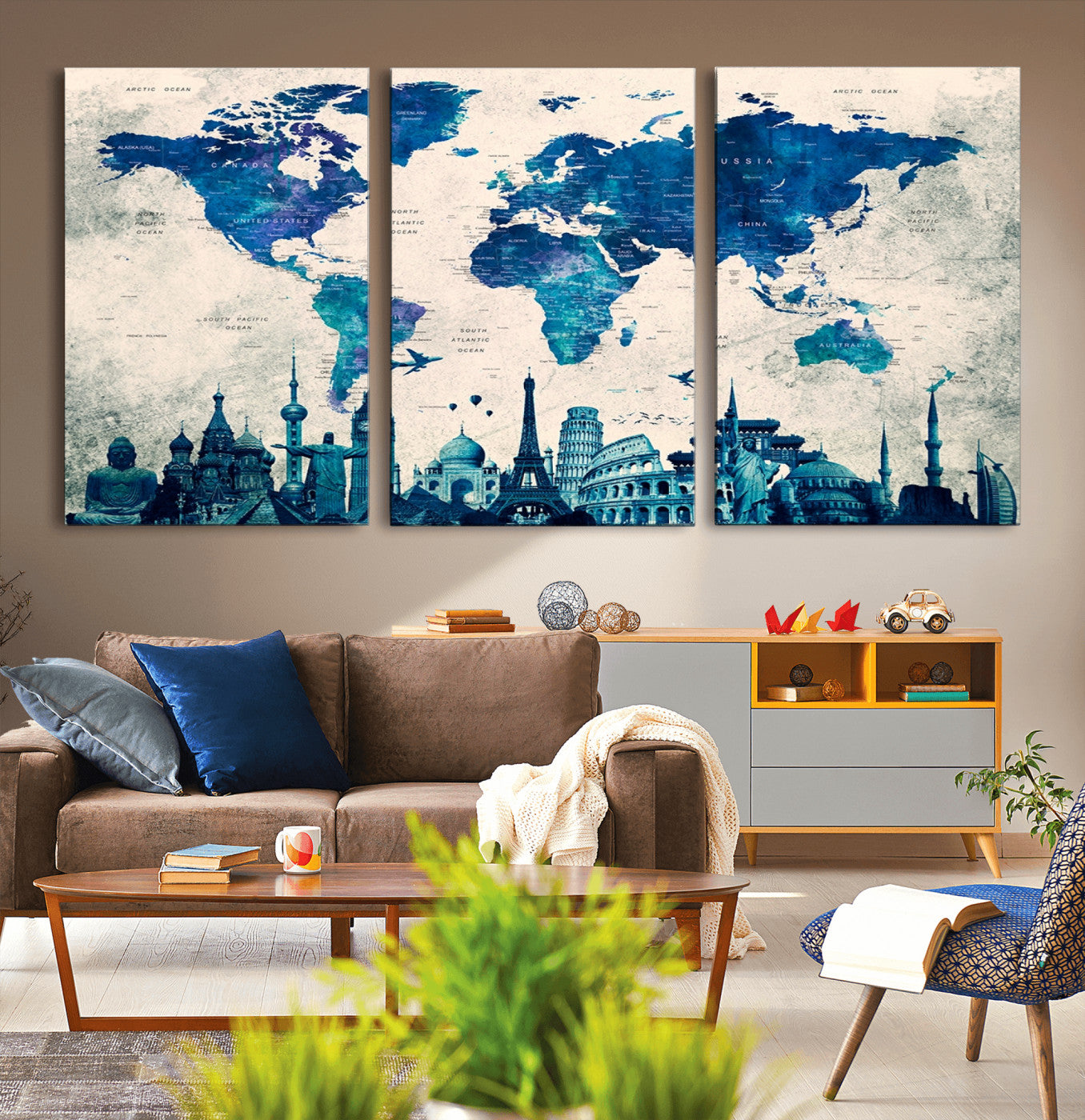 13588-MGV-CV-36X24-Navy Blue World Map Canvas Print – Framed Push Pin Travel Map Wall Art, Elegant Adventure Decor for Home or Office