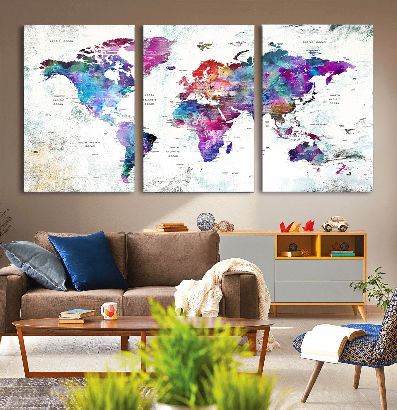 73735-MGV-CV-36X24-Push Pin World Map Canvas Print – Framed Travel Map Wall Art for Couples, Anniversary Gift, Modern Home or Office Decor