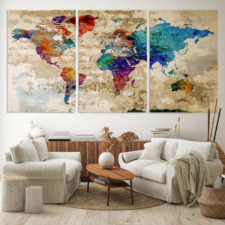 An Abstract Large Watercolor World Map Canvas Print hangs prominently.