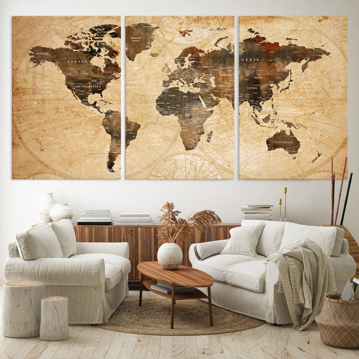 Vintage World Map: 3-Panel Canvas Print in antique rustic style. Framed and gallery wrapped. Ideal for decor.