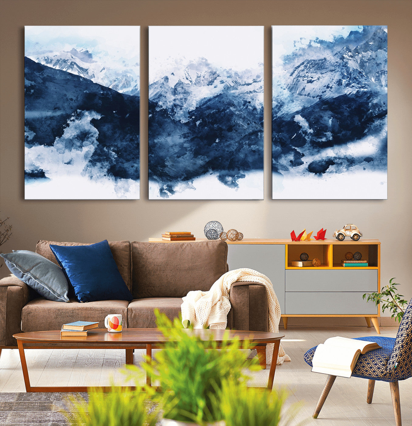 81700-MGV-CV-36X24-Abstract Blue Mountain Canvas Wall Art – Modern Triptych Landscape Print – Contemporary Nature Decor for Living Room or Office – Ready to